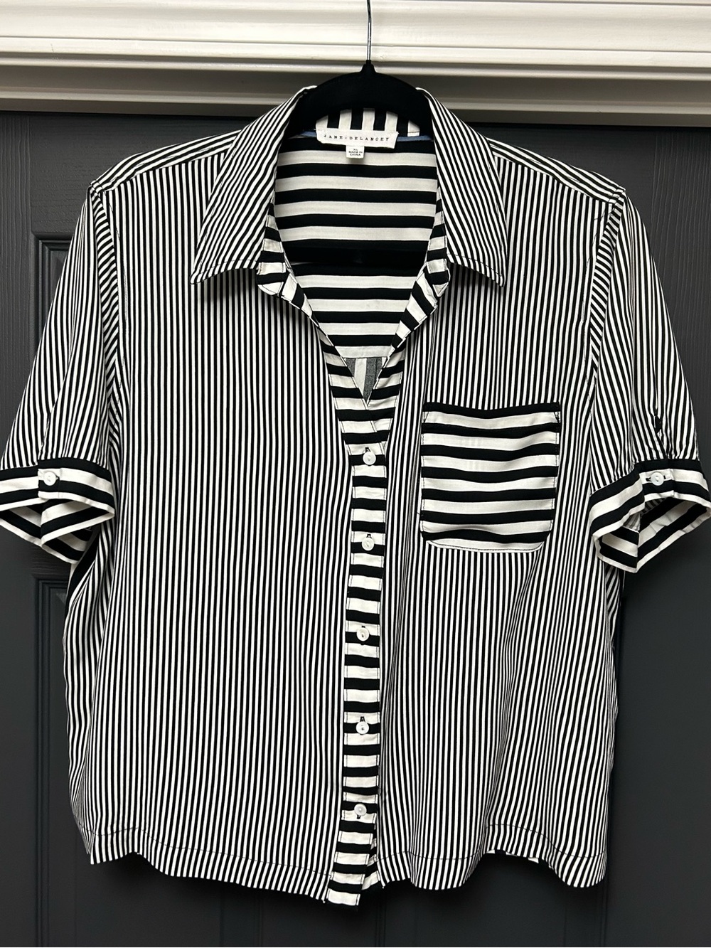 Jane Delancey XL Black White Mixed Stripe Button Down Rayon Shirt